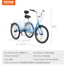 VEVOR Triciclos para adultos, triciclos para adultos de 7 velocidades, bicicletas de tres ruedas de 20 pulgadas, bicicleta de crucero de acero al carbono con canasta y asiento ajustable, triciclos de compras para picnic para personas mayores, mujeres, hombres (azul)