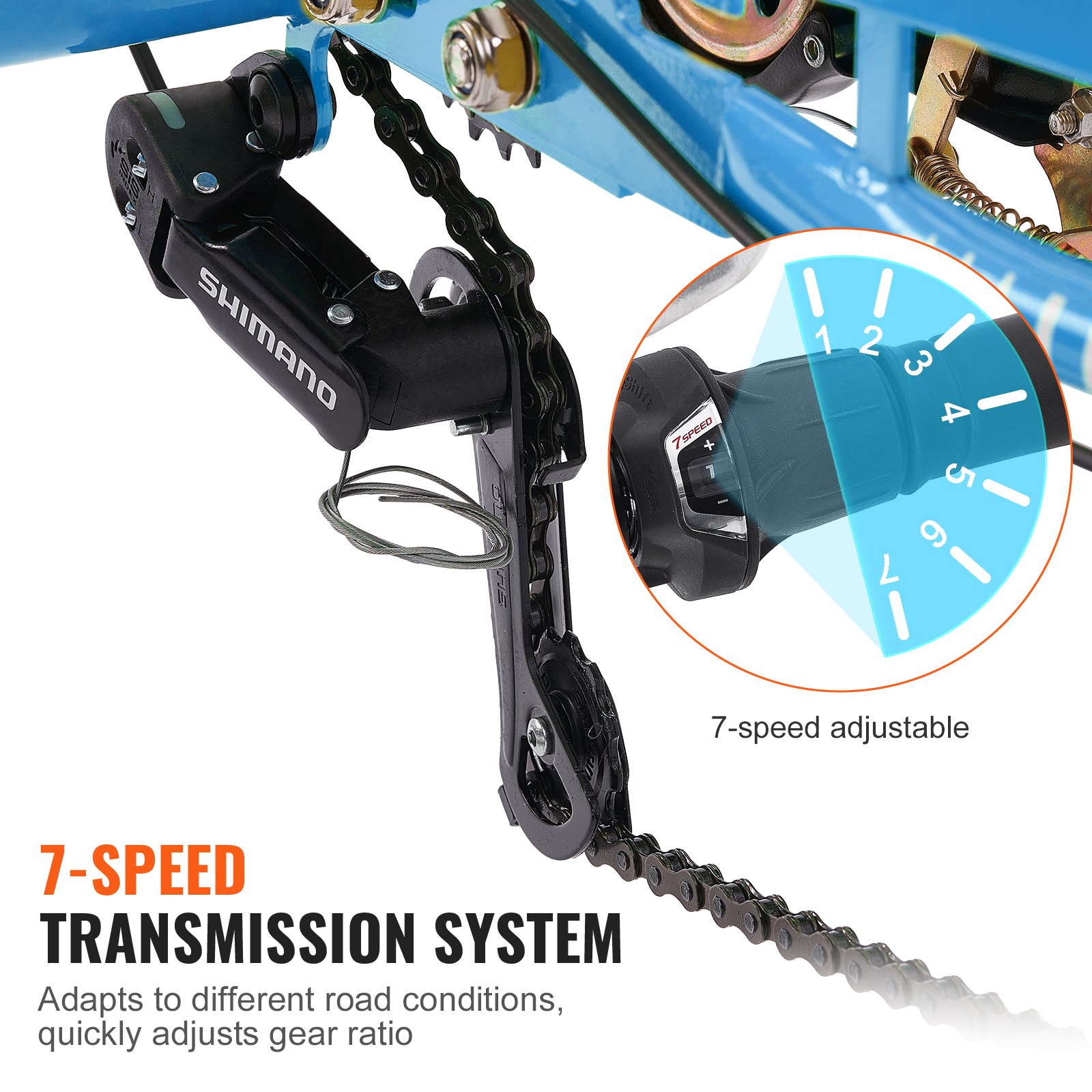 VEVOR Triciclos para adultos, 7 velocidades, 20 pulgadas, de acero al carbono, con cesta y asiento ajustable, ideal para picnics, compras, para personas mayores, mujeres y hombres (azul)