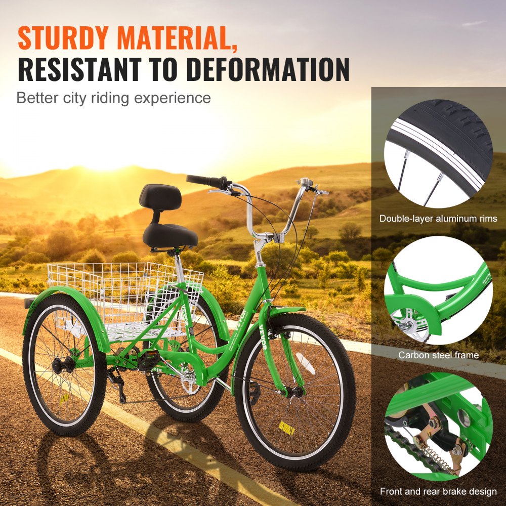 Triciclos para adultos VEVOR de 7 velocidades, 26 pulgadas, de acero al carbono, con cesta y asiento ajustable, ideal para picnics, compras, para personas mayores, mujeres y hombres (verde)