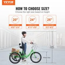 VEVOR Triciclos para adultos, triciclos para adultos de 7 velocidades, bicicletas de tres ruedas de 26 pulgadas, bicicleta de crucero de acero al carbono con canasta y asiento ajustable, triciclos de compras para picnic para personas mayores, mujeres, hombres (verde)