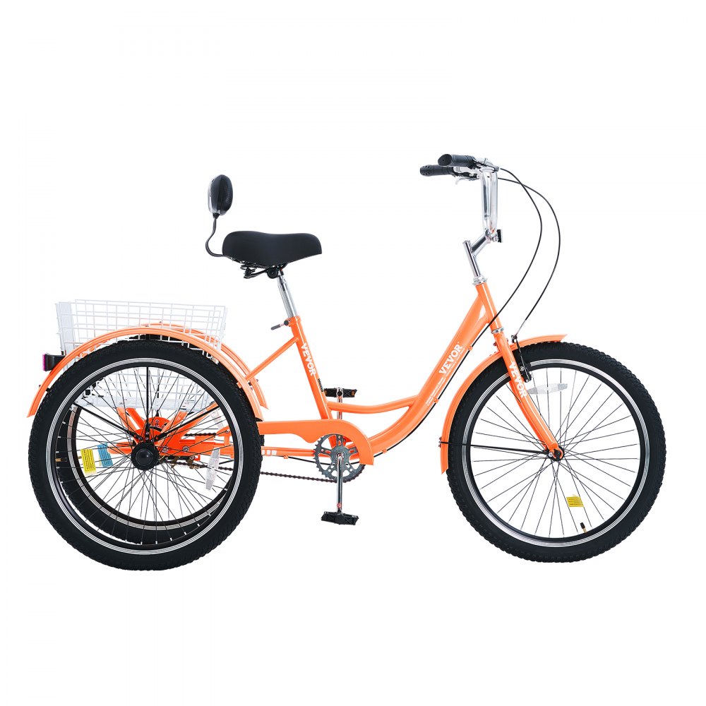 VEVOR Triciclos para adultos de 26 pulgadas, triciclos de 3 ruedas, bicicleta de crucero de acero al carbono con cesta y asiento ajustable, ideal para picnics, compras, para personas mayores, mujeres y hombres (naranja)