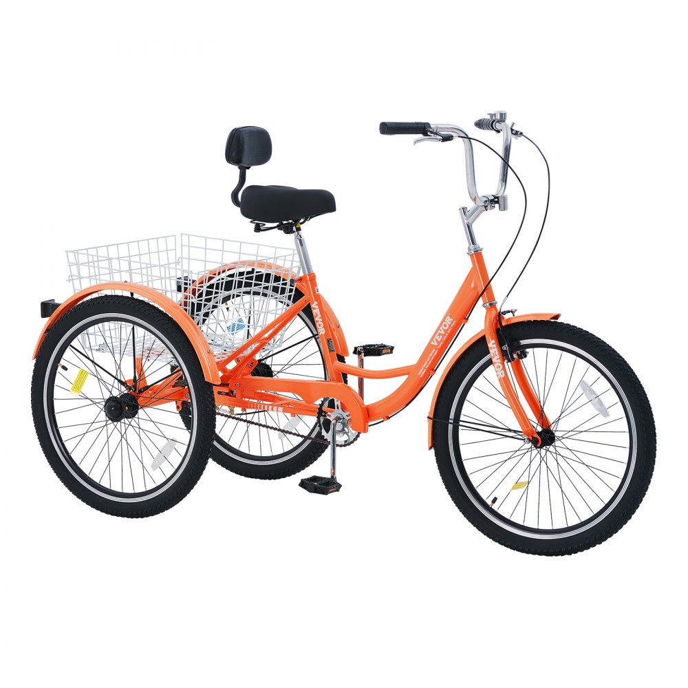 VEVOR Triciclos para adultos de 26 pulgadas, triciclos de 3 ruedas, bicicleta de crucero de acero al carbono con cesta y asiento ajustable, ideal para picnics, compras, para personas mayores, mujeres y hombres (naranja)
