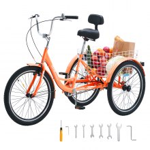 VEVOR Triciclos para adultos, bicicletas de tres ruedas de 26 pulgadas, triciclos de 3 ruedas, bicicleta de crucero de acero al carbono con canasta y asiento ajustable, triciclos de compras para picnic para personas mayores, mujeres, hombres (naranja)