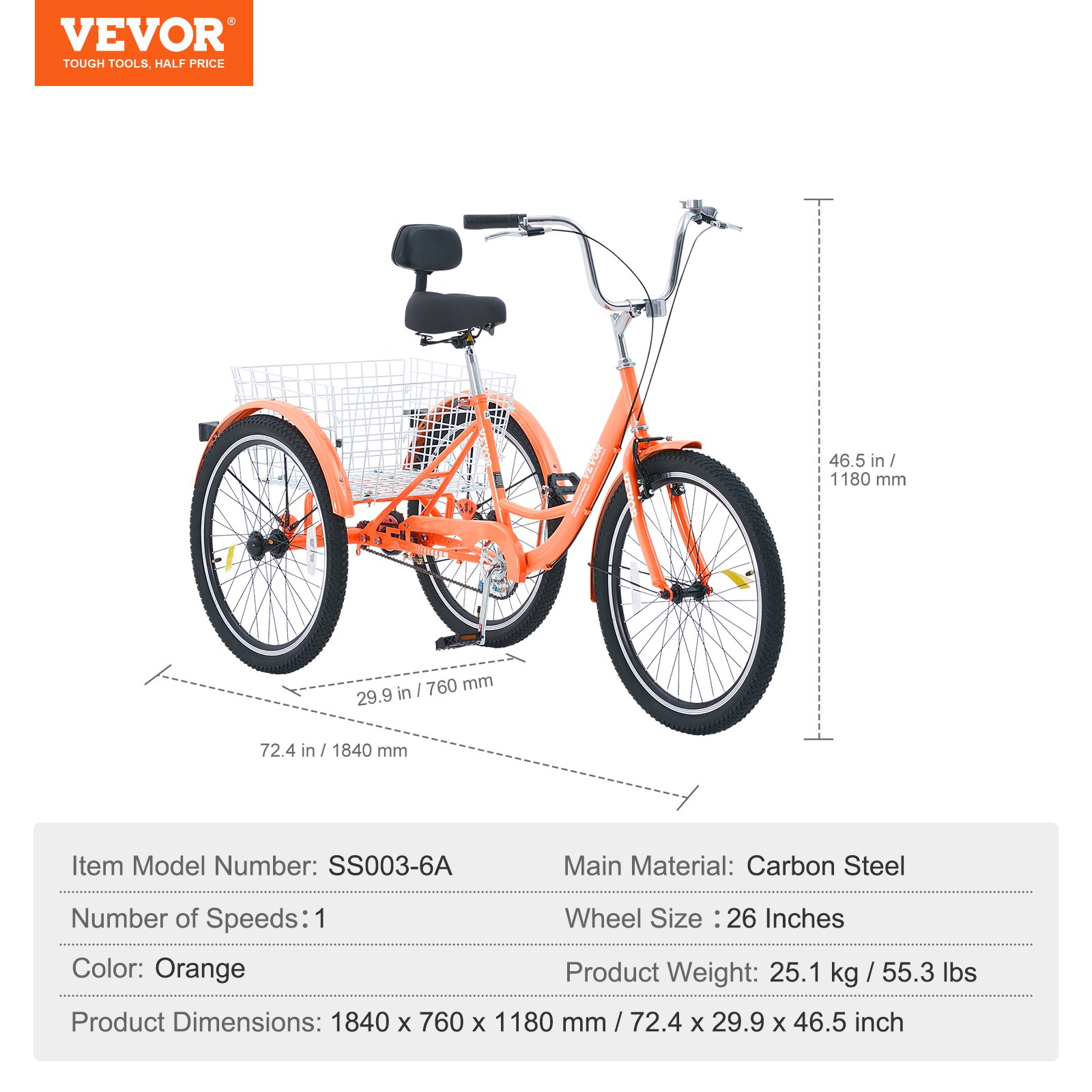 VEVOR Triciclos para adultos de 26 pulgadas, triciclos de 3 ruedas, bicicleta de crucero de acero al carbono con cesta y asiento ajustable, ideal para picnics, compras, para personas mayores, mujeres y hombres (naranja)