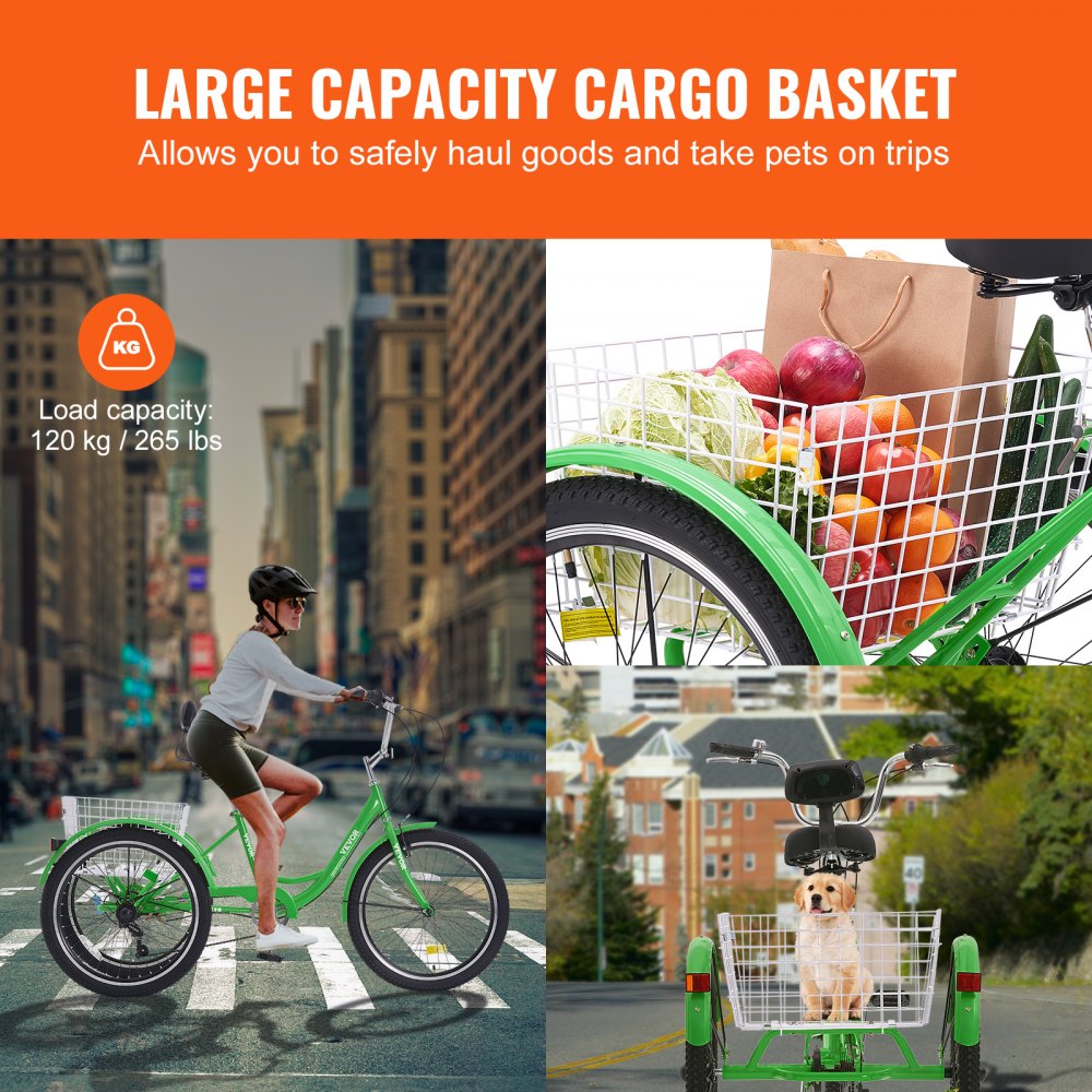 VEVOR Triciclos para adultos, 7 velocidades, 20 pulgadas, de acero al carbono, con cesta y asiento ajustable, ideal para picnics, compras, para personas mayores, mujeres y hombres (verde)
