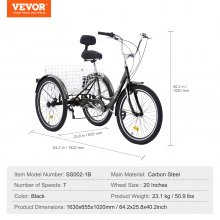 VEVOR Triciclos para adultos, triciclos para adultos de 7 velocidades, bicicletas de tres ruedas de 20 pulgadas, bicicleta de crucero de acero al carbono con canasta y asiento ajustable, triciclos de compras para picnic para personas mayores, mujeres, hombres (negro)