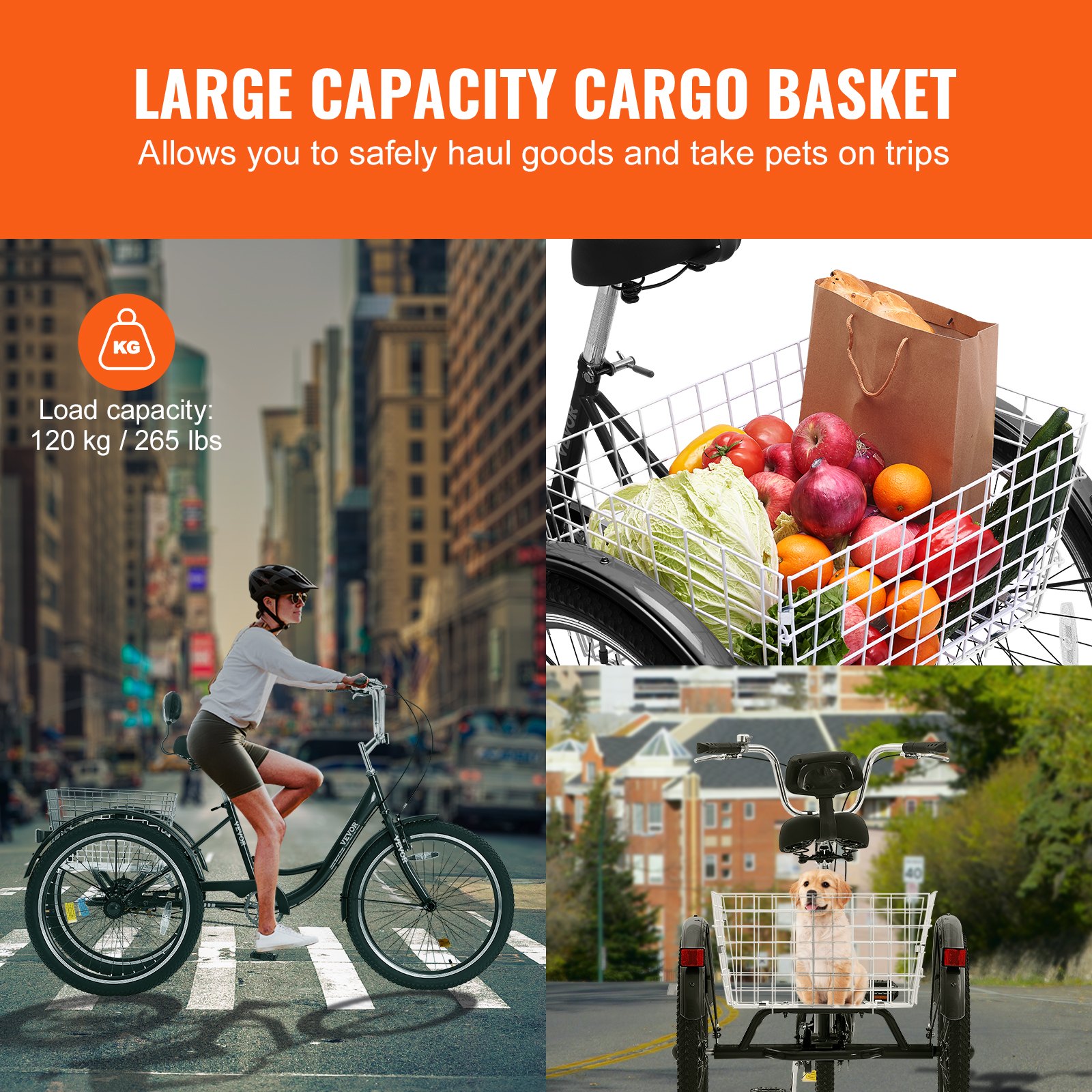 VEVOR Triciclos para adultos de 20 pulgadas, triciclos de 3 ruedas, bicicleta de crucero de acero al carbono con cesta y asiento ajustable, ideal para picnics, compras, para personas mayores, mujeres y hombres (negro)