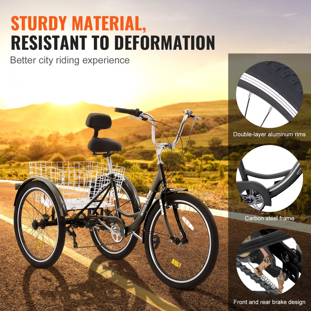 Triciclo para adultos VEVOR, triciclo de 7 velocidades, bicicleta de tres ruedas de 24 pulgadas, bicicleta de paseo de acero al carbono con cesta y asiento ajustable, triciclo para picnic y compras para personas mayores, mujeres y hombres (negro)