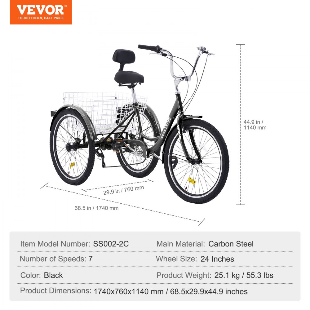 Triciclo para adultos VEVOR, triciclo de 7 velocidades, bicicleta de tres ruedas de 24 pulgadas, bicicleta de paseo de acero al carbono con cesta y asiento ajustable, triciclo para picnic y compras para personas mayores, mujeres y hombres (negro)