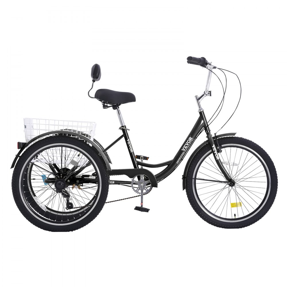 Triciclo para adultos VEVOR, triciclo de 7 velocidades, bicicleta de tres ruedas de 24 pulgadas, bicicleta de paseo de acero al carbono con cesta y asiento ajustable, triciclo para picnic y compras para personas mayores, mujeres y hombres (negro)