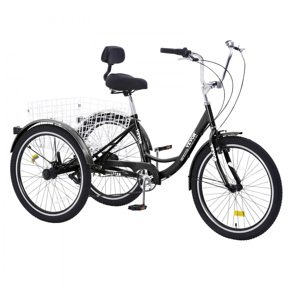Triciclo para adultos VEVOR, triciclo de 7 velocidades, bicicleta de tres ruedas de 24 pulgadas, bicicleta de paseo de acero al carbono con cesta y asiento ajustable, triciclo para picnic y compras para personas mayores, mujeres y hombres (negro)