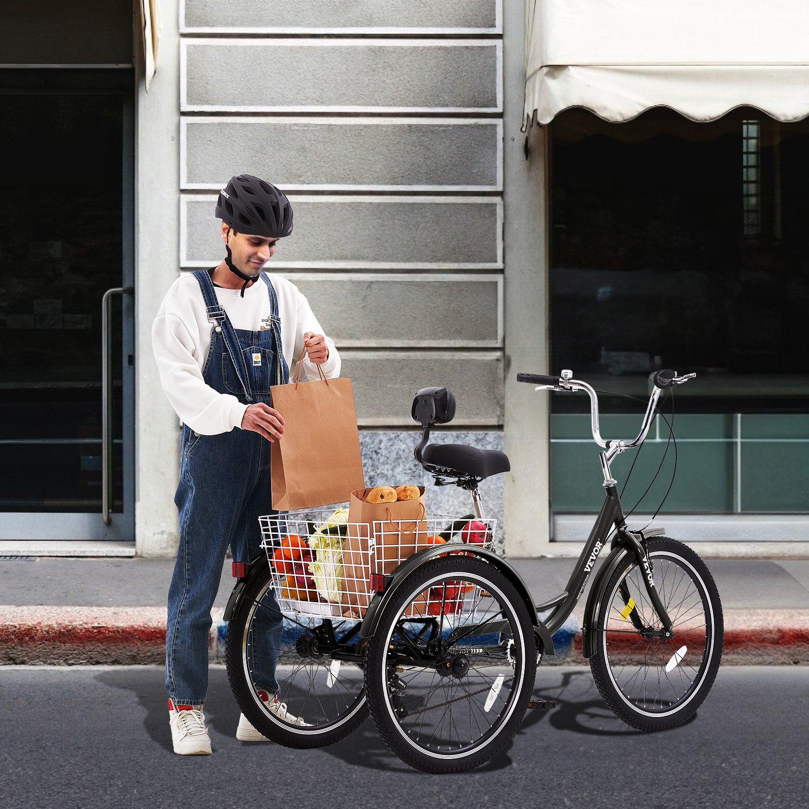 Triciclo para adultos VEVOR, triciclo de 7 velocidades, bicicleta de tres ruedas de 24 pulgadas, bicicleta de paseo de acero al carbono con cesta y asiento ajustable, triciclo para picnic y compras para personas mayores, mujeres y hombres (negro)