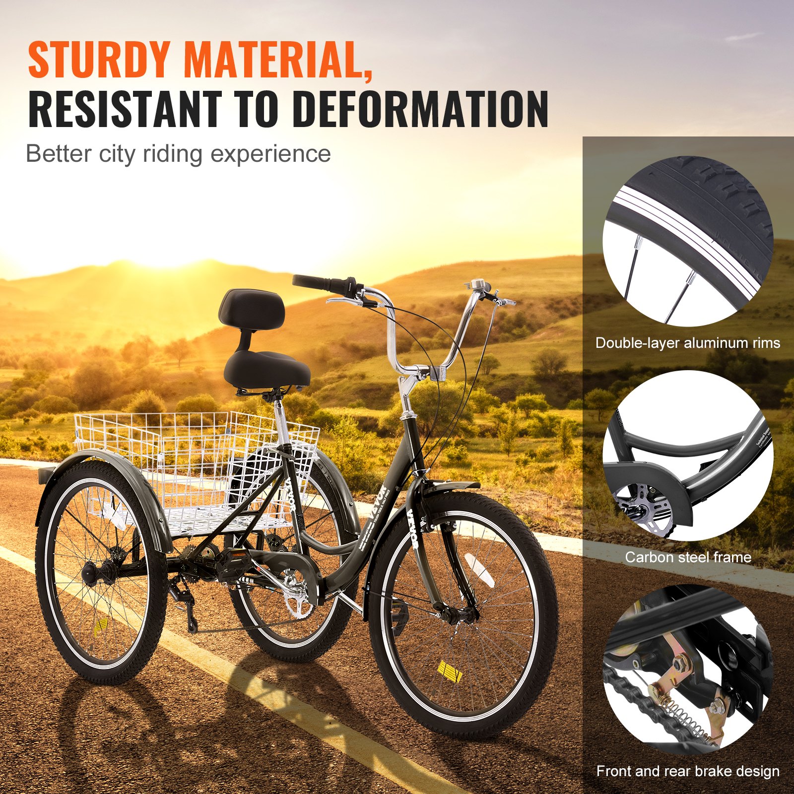 Triciclo para adultos VEVOR, triciclo de 7 velocidades, bicicleta de tres ruedas de 24 pulgadas, bicicleta de paseo de acero al carbono con cesta y asiento ajustable, triciclo para picnic y compras para personas mayores, mujeres y hombres (negro)