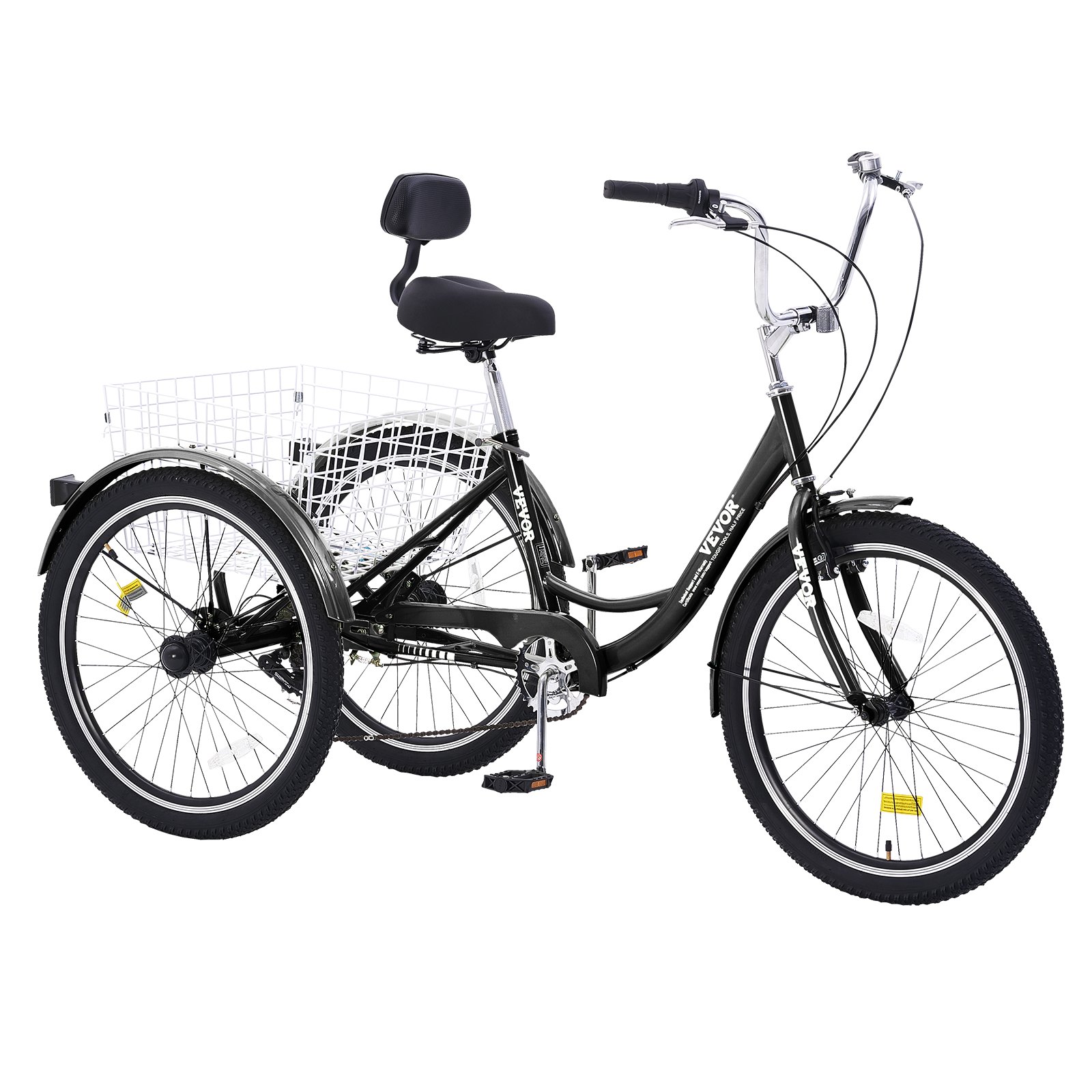 Triciclo para adultos VEVOR, triciclo de 7 velocidades, bicicleta de tres ruedas de 24 pulgadas, bicicleta de paseo de acero al carbono con cesta y asiento ajustable, triciclo para picnic y compras para personas mayores, mujeres y hombres (negro)