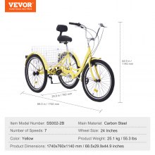 VEVOR Triciclos para adultos, triciclos para adultos de 7 velocidades, bicicletas de tres ruedas de 24 pulgadas, bicicleta de crucero de acero al carbono con canasta y asiento ajustable, triciclos de compras para picnic para personas mayores, mujeres, hombres (amarillo)