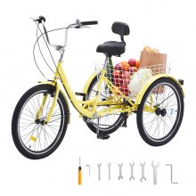 VEVOR Triciclos para adultos, triciclos para adultos de 7 velocidades, bicicletas de tres ruedas de 24 pulgadas, bicicleta de crucero de acero al carbono con canasta y asiento ajustable, triciclos de compras para picnic para personas mayores, mujeres, hombres (amarillo)