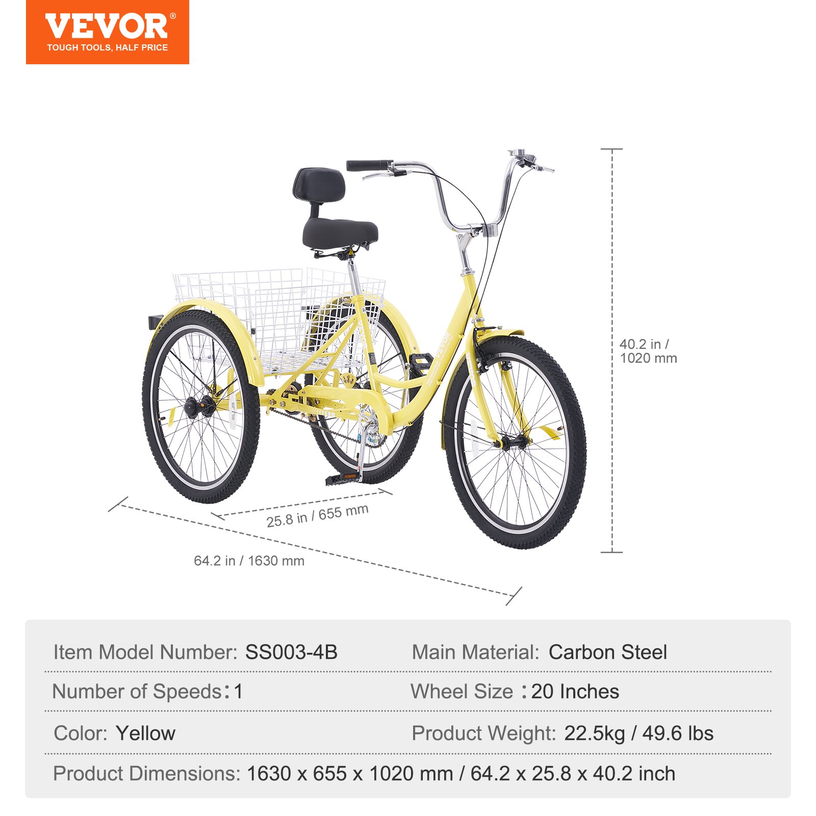 VEVOR - Triciclo para adultos de 20 pulgadas, de acero al carbono, con cesta y asiento ajustable, ideal para picnics, compras, para personas mayores, mujeres y hombres (amarillo)