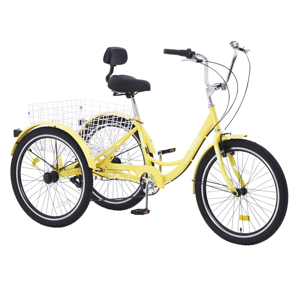 VEVOR Triciclos para adultos, triciclos para adultos de 7 velocidades, bicicletas de tres ruedas de 26 pulgadas, bicicleta de crucero de acero al carbono con canasta y asiento ajustable, triciclos de compras para picnic para personas mayores, mujeres, hombres (amarillo)