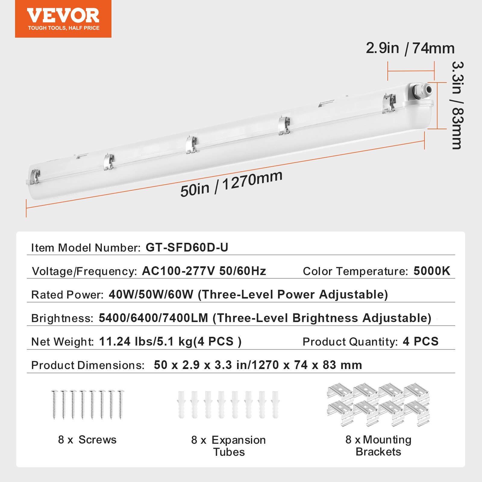 VEVOR - Luz LED hermética de 1,2 m (60 W/50 W/40 W seleccionable), 5000 K, 5400/6400/7400 lm, ajustable, IP65, resistente al agua, para estacionamientos, almacenes, cámaras frigoríficas, lavaderos de autos (paquete de 4)