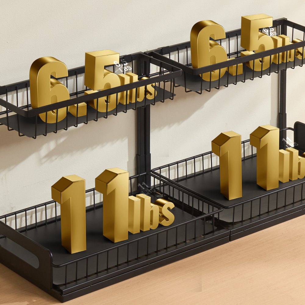 Organizador de gabinete extraíble de 2 niveles VEVOR (27,5 cm de ancho x 36,5 cm de profundidad), organizador y almacenamiento debajo del fregadero, organizador de gabinete con cajón extraíble, estante de canasta de alambre, 65,7 cm de ancho x 39,4 cm de profundidad x 33 cm de alto, tamaño de instalación para gabinete (paquete de 2)