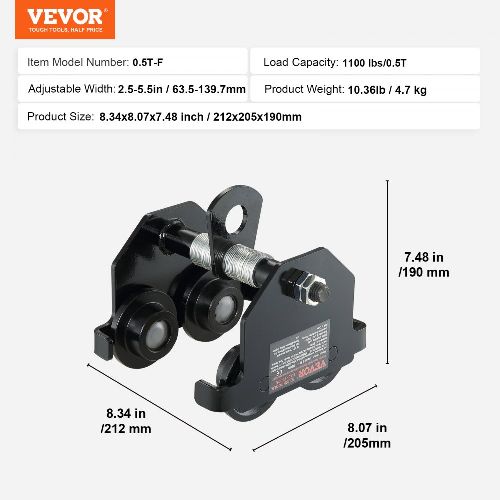 Carro manual VEVOR con capacidad de carga de 1100 lb, ancho ajustable de 2,5 a 5,5 pulgadas y dimensiones del producto.