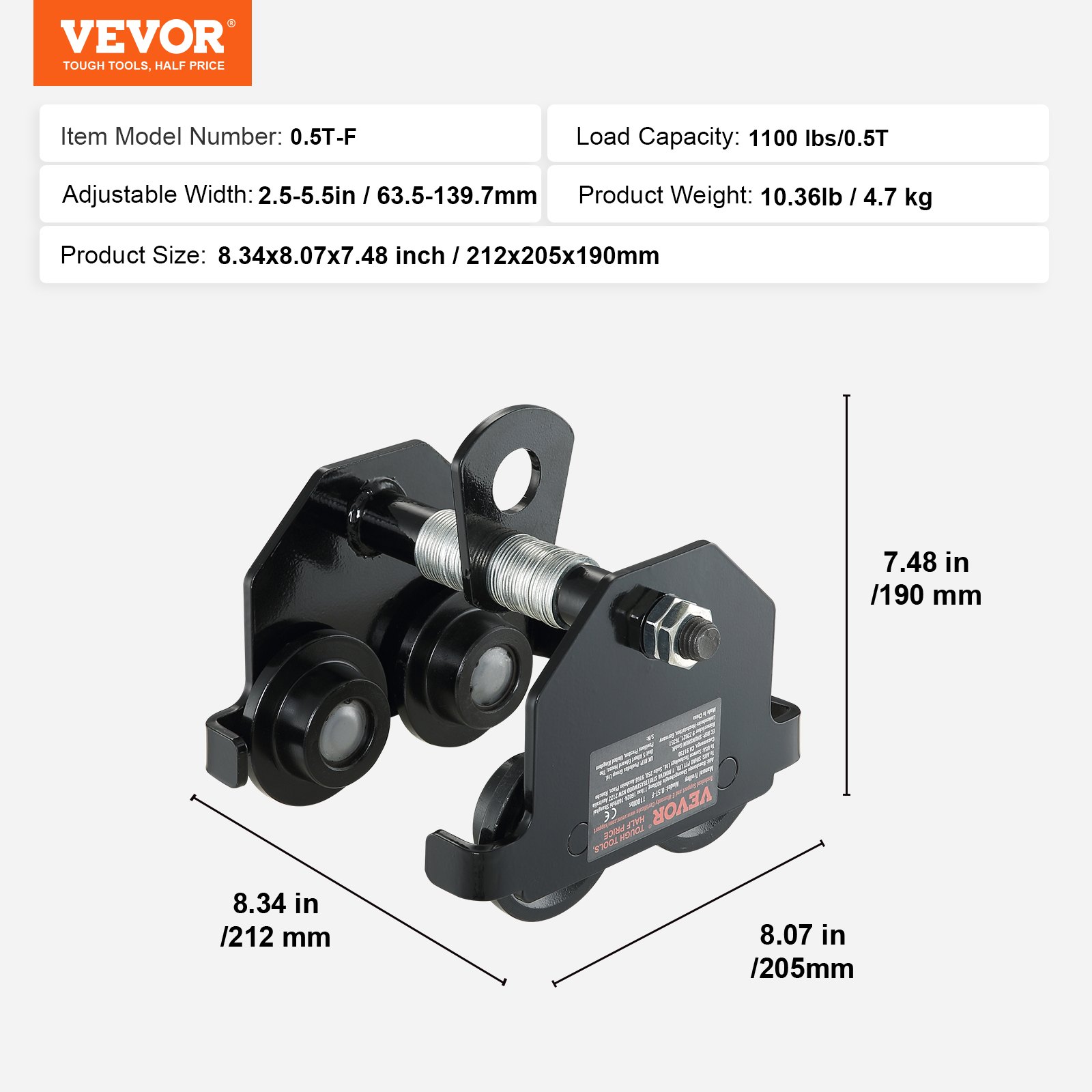 Carro manual VEVOR con capacidad de carga de 1100 lb, ancho ajustable de 2,5 a 5,5 pulgadas y dimensiones del producto.