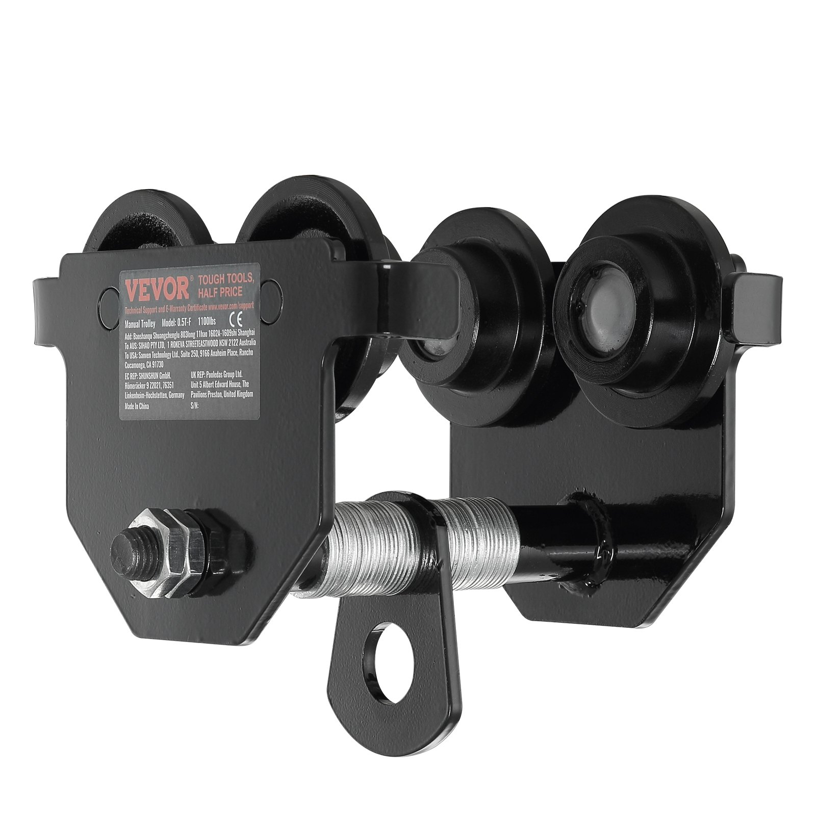 Carro manual VEVOR negro con ruedas dobles y perno central, diseñado para soportar cargas industriales.