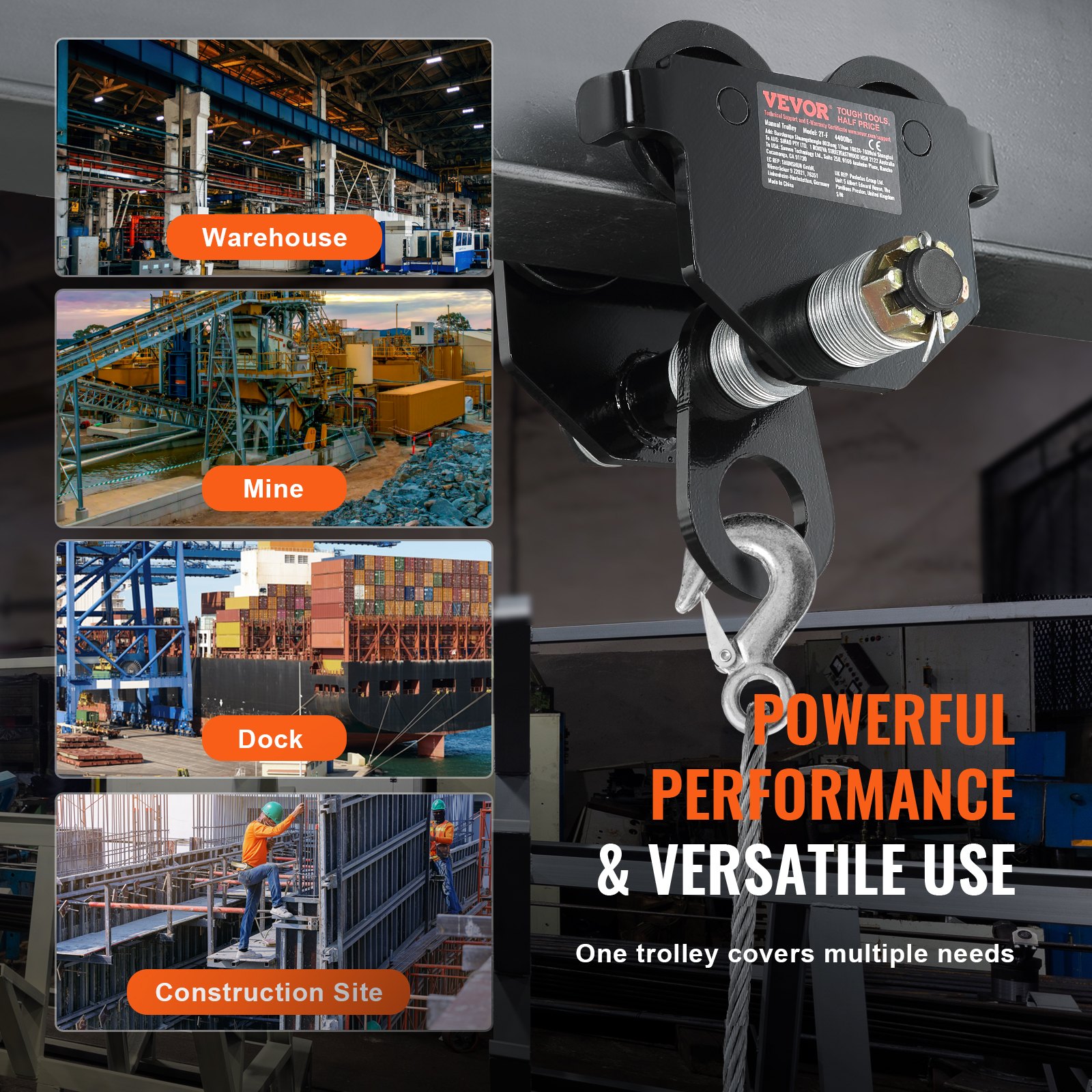 VEVOR Carro manual, capacidad de carga de 4400 lbs/2 toneladas, carro de viga de empuje con ruedas dobles, ajustable para ancho de brida de viga en I de 2.5" a 7", polipasto de garaje de acero de alea