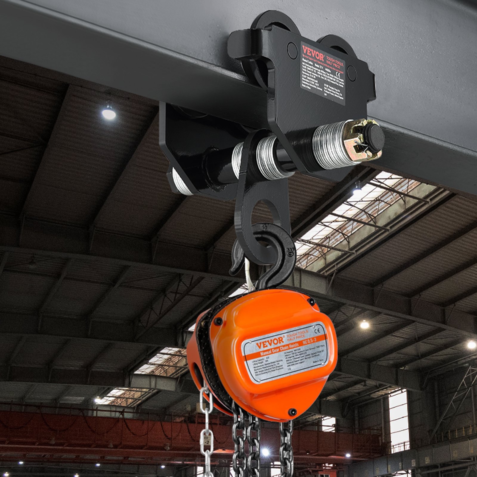 VEVOR Carro manual, capacidad de carga de 4400 lbs/2 toneladas, carro de viga de empuje con ruedas dobles, ajustable para ancho de brida de viga en I de 2.5" a 7", polipasto de garaje de acero de alea