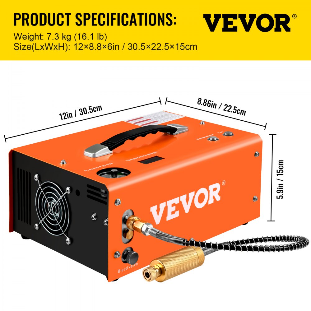 Compresor de aire PCP VEVOR naranja con especificaciones de dimensiones y peso mostradas.