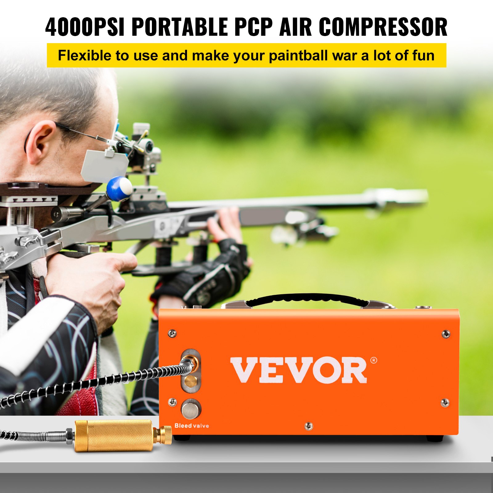 Compresor de aire PCP VEVOR, 4000 psi, para uso en paintball, mostrado con un tirador apuntando.