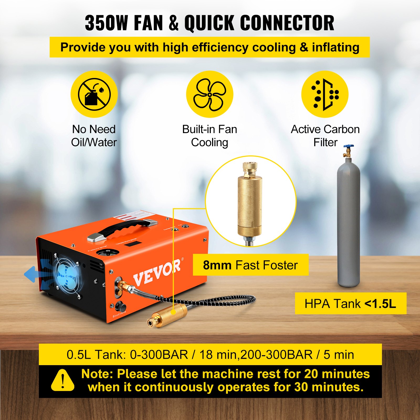 Compresor de aire pcp VEVOR con refrigeración por ventilador, filtro de carbón activo y foster rápido de 8 mm.