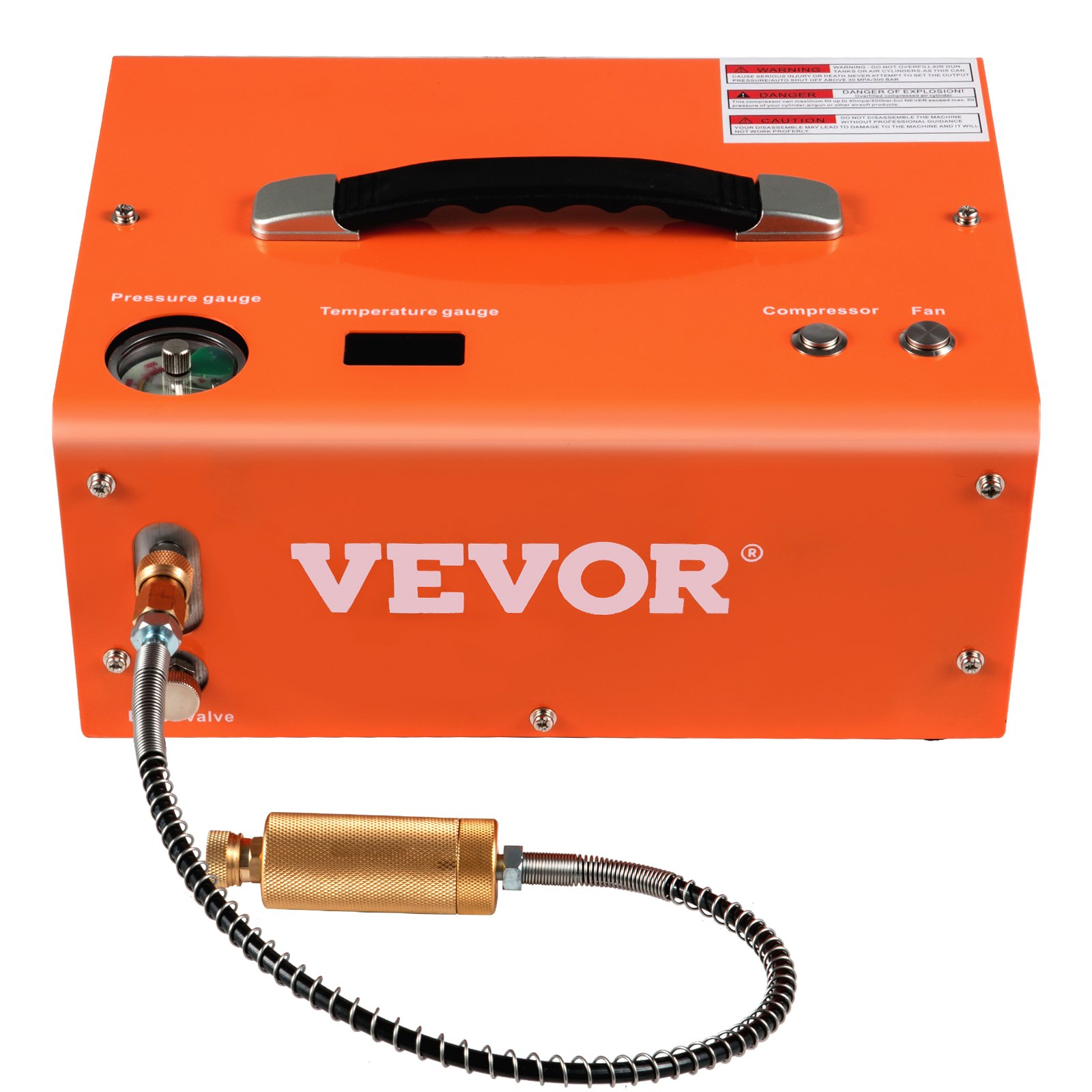 Compresor de aire PCP VEVOR en color naranja con manómetros, manija y conexión de manguera de latón