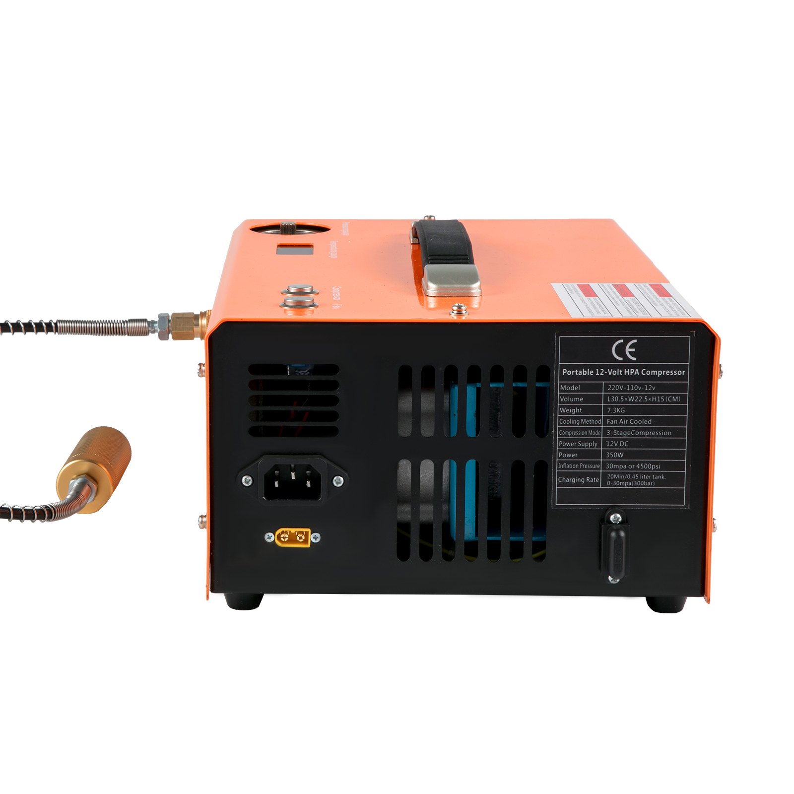 Compresor de aire PCP VEVOR naranja y negro con panel de control y conectores de alimentación.