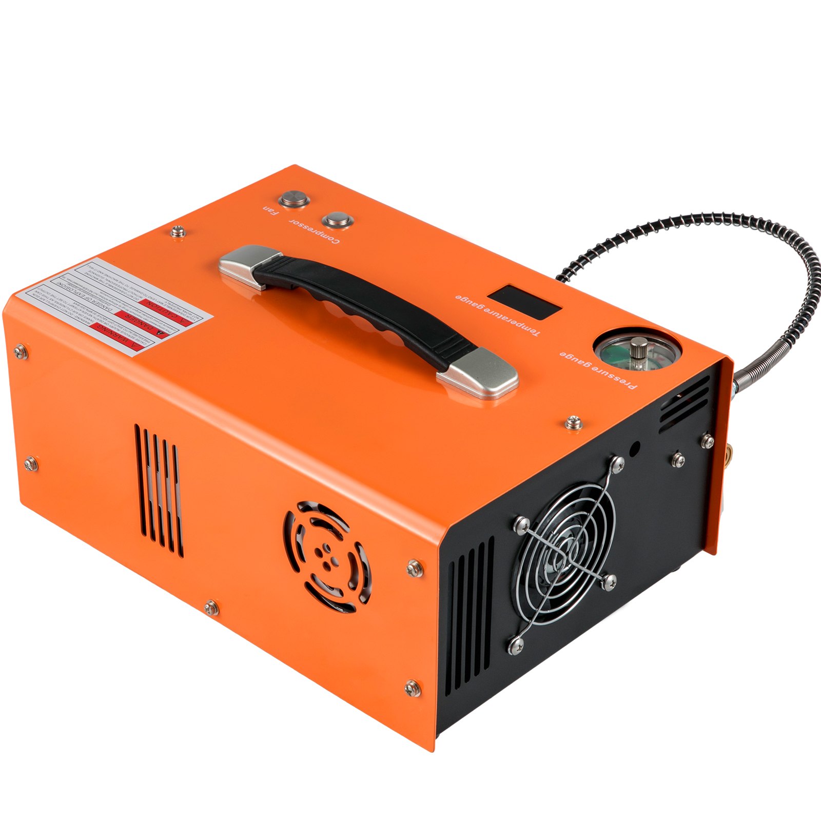 Compresor de aire PCP VEVOR naranja con mango negro y manómetro.