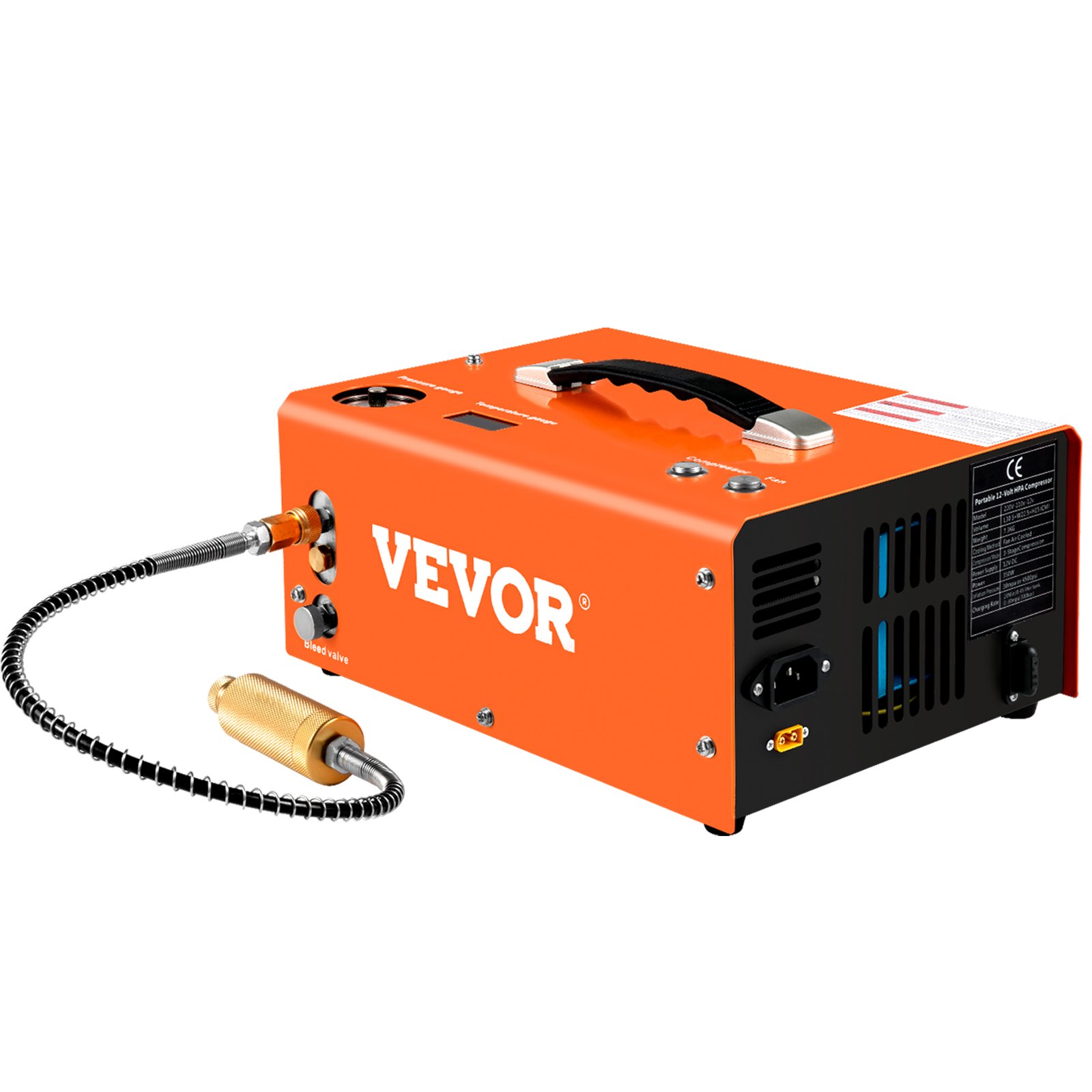 Compresor de aire PCP VEVOR naranja con mango negro y manguera adjunta.