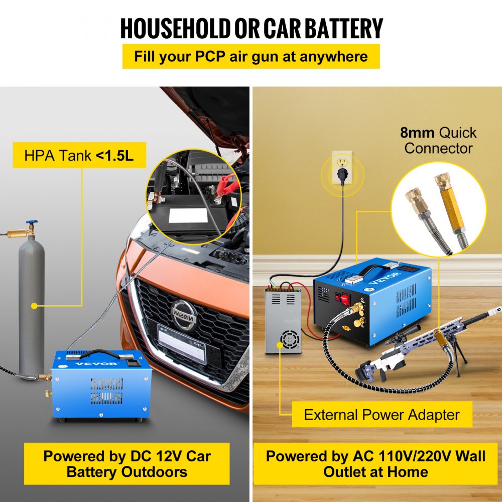 Compresor de aire PCP VEVOR alimentado por batería de automóvil de 12 V o toma de pared de 110/220 V.