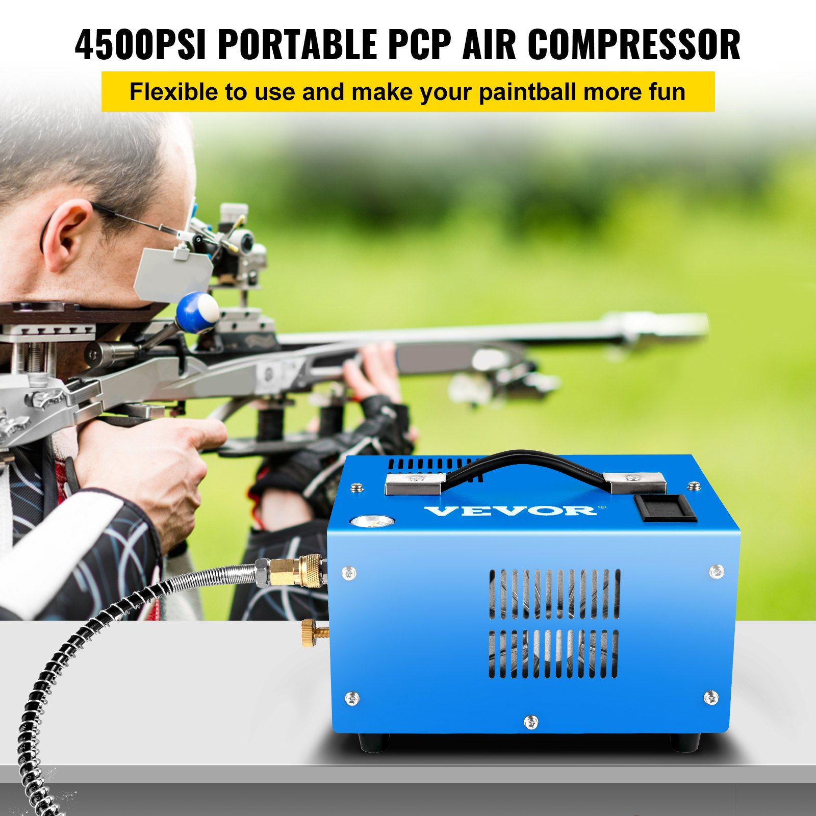 Compresor de aire PCP VEVOR con rifle al fondo, unidad portátil de 4500 psi para paintball.