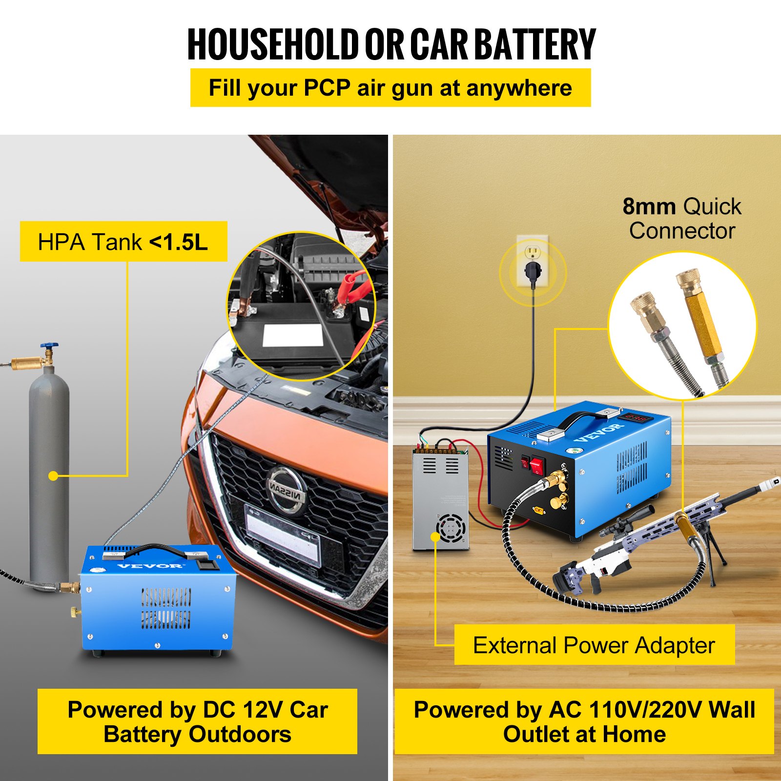 Compresor de aire PCP VEVOR alimentado por batería de automóvil de 12 V o toma de pared de 110/220 V.