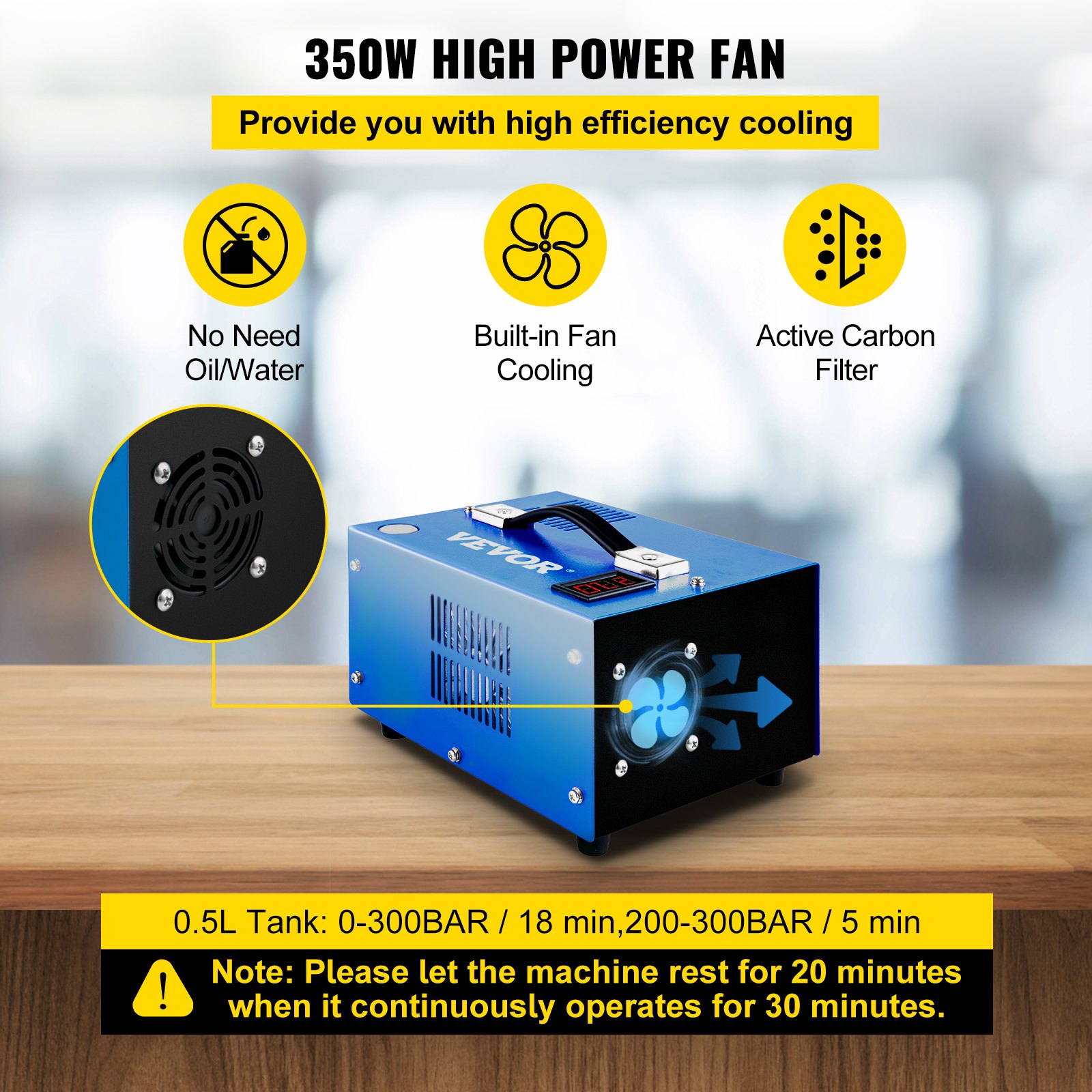 Compresor de aire PCP VEVOR con 350 W de potencia, no necesita aceite ni agua y refrigeración por ventilador incorporado.