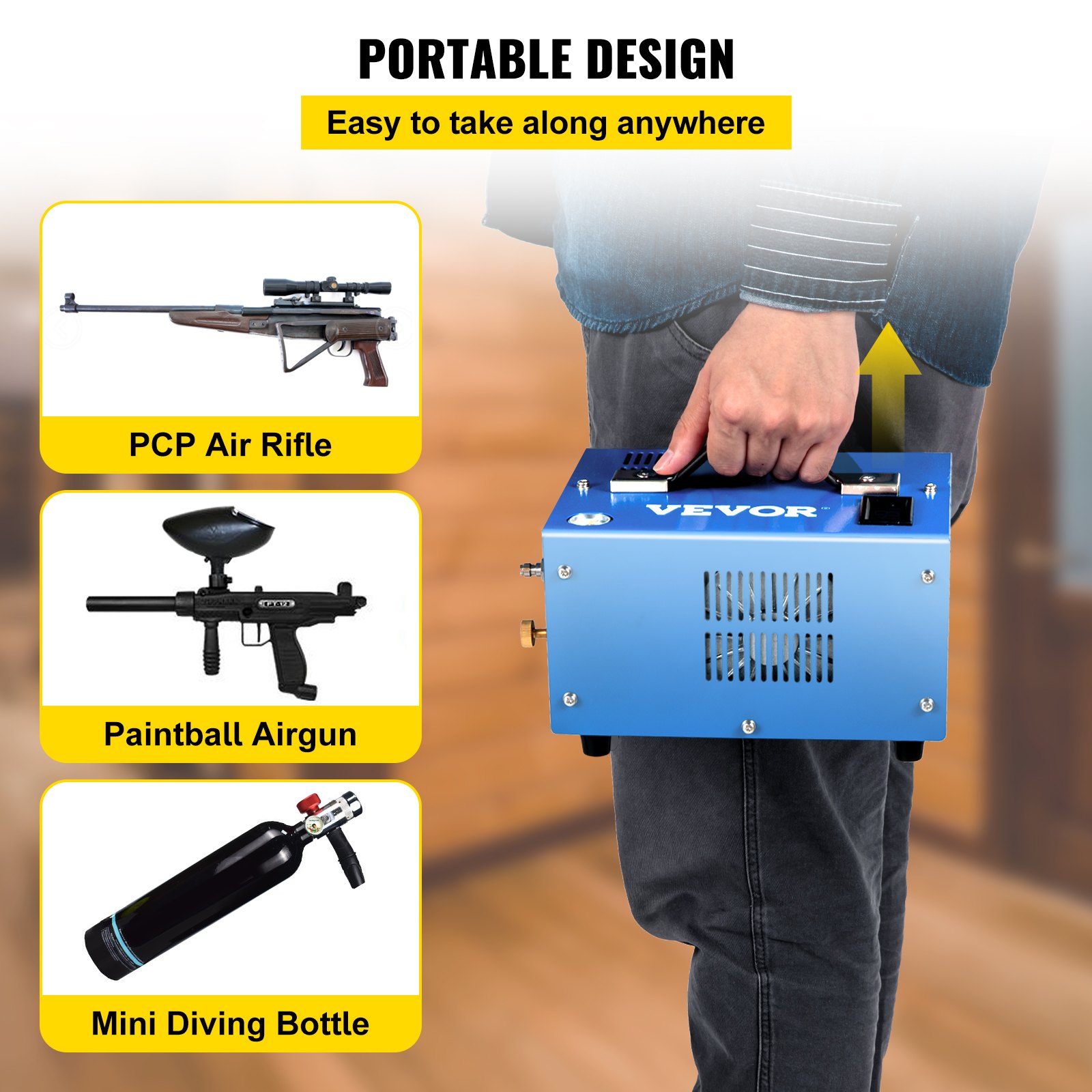 Compresor de aire portátil VEVOR PCP para rifles de aire, pistolas de paintball y mini botellas de buceo.