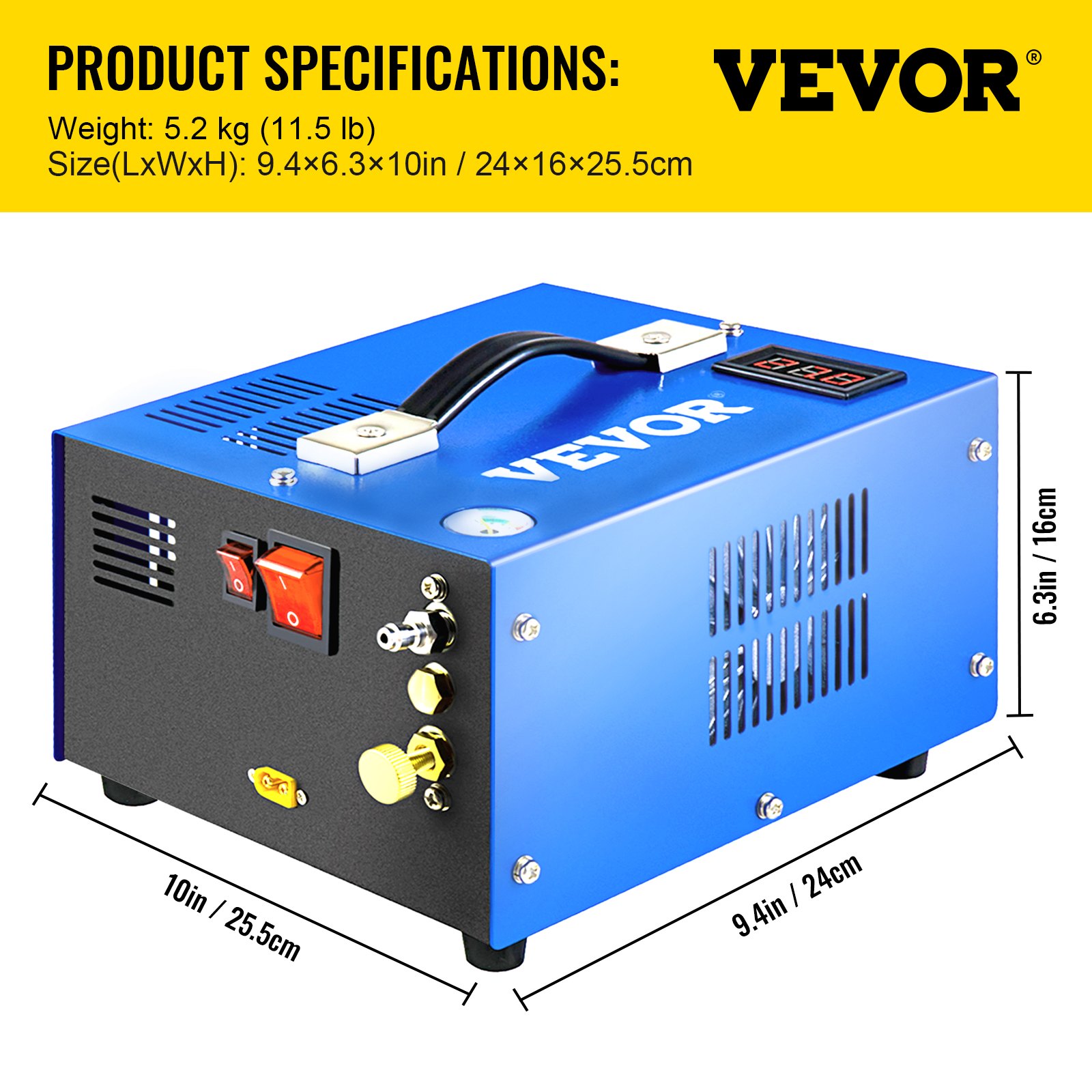 Compresor de aire PCP VEVOR, azul, 24x16x25,5cm, 11,5lb, con asa y controles.