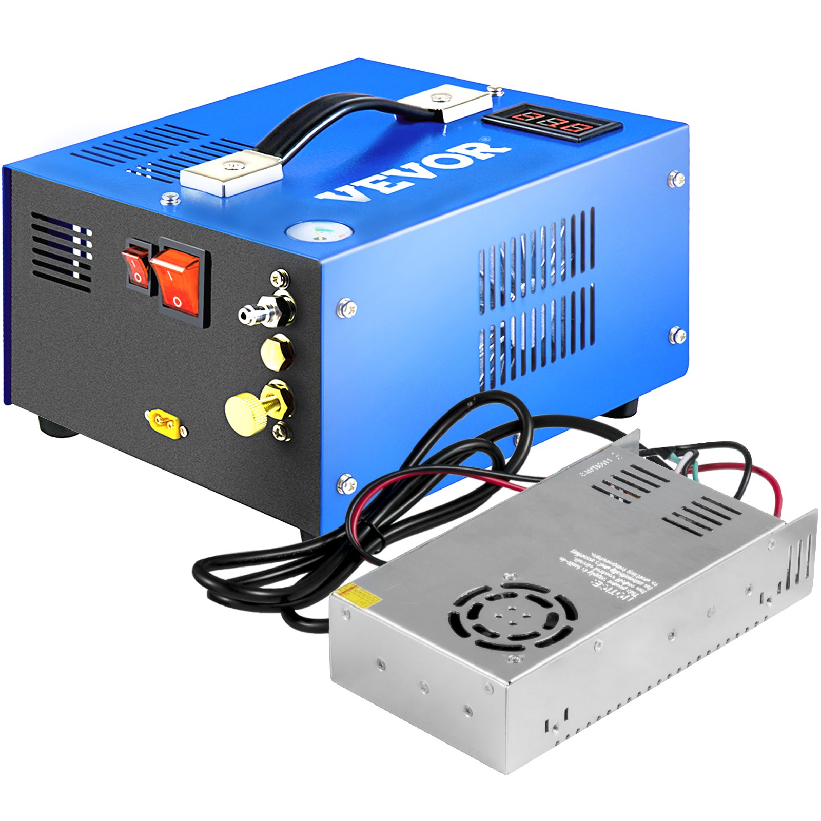 Compresor de aire PCP VEVOR, azul con interruptores negros y rojos, cables de alimentación conectados.