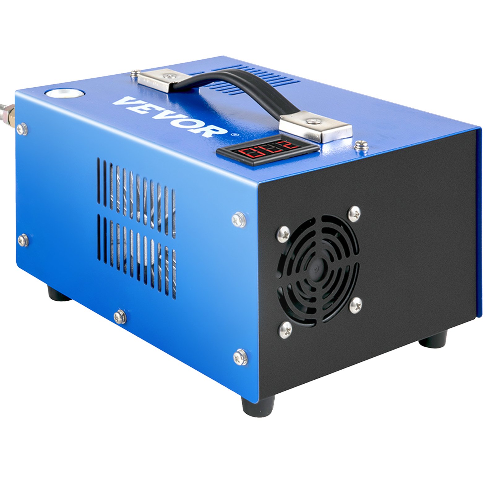 Compresor de aire PCP VEVOR con pantalla digital y ventilador de refrigeración en carcasa azul.