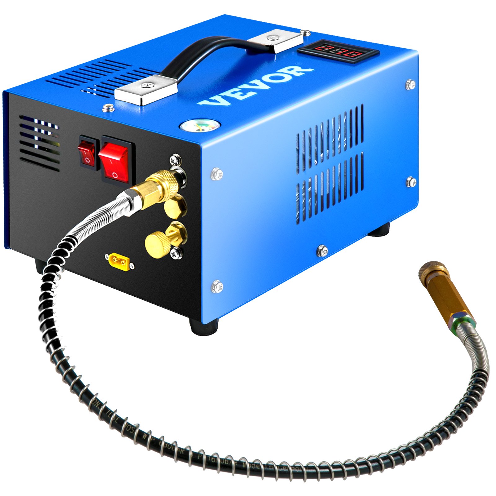 Compresor de aire PCP VEVOR en color azul con manguera flexible y accesorios de latón.