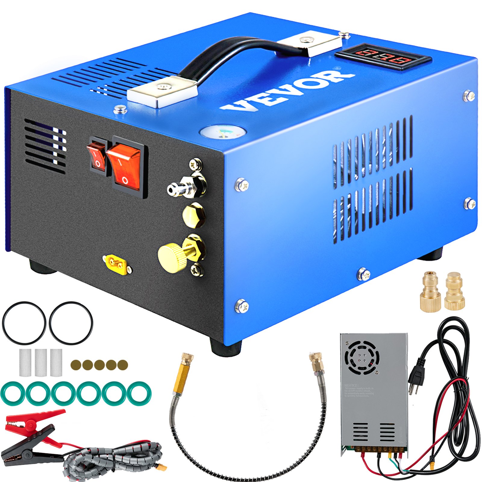 Compresor de aire VEVOR pcp en color azul con cables de alimentación y accesorios.