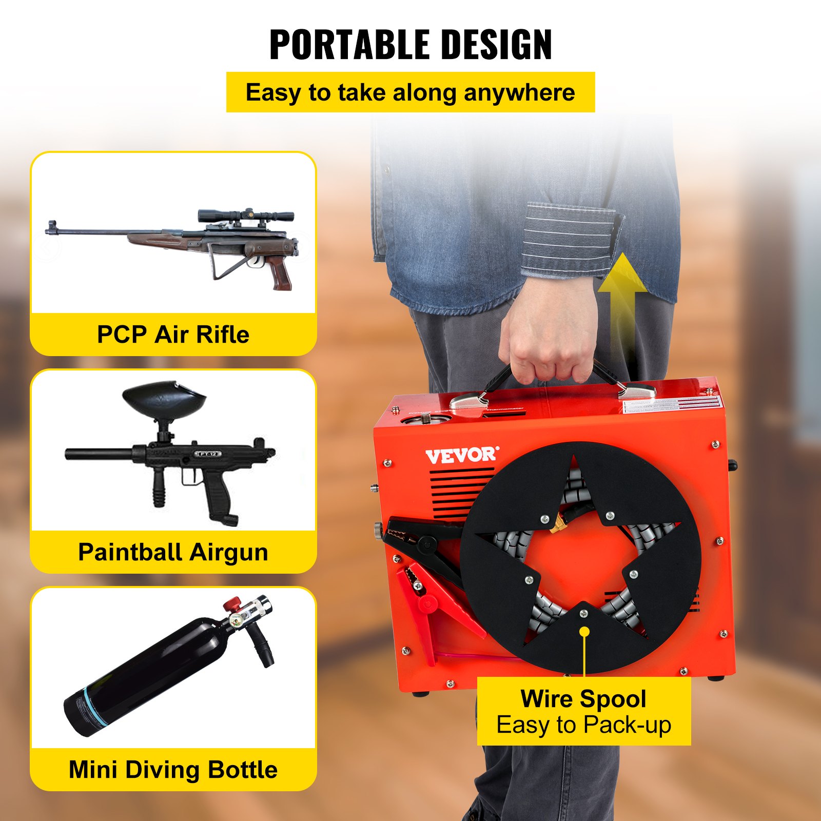 Compresor de aire PCP VEVOR, portátil y fácil de transportar, se adapta a rifles de aire PCP, pistolas de aire comprimido de paintball y mini botellas de buceo.