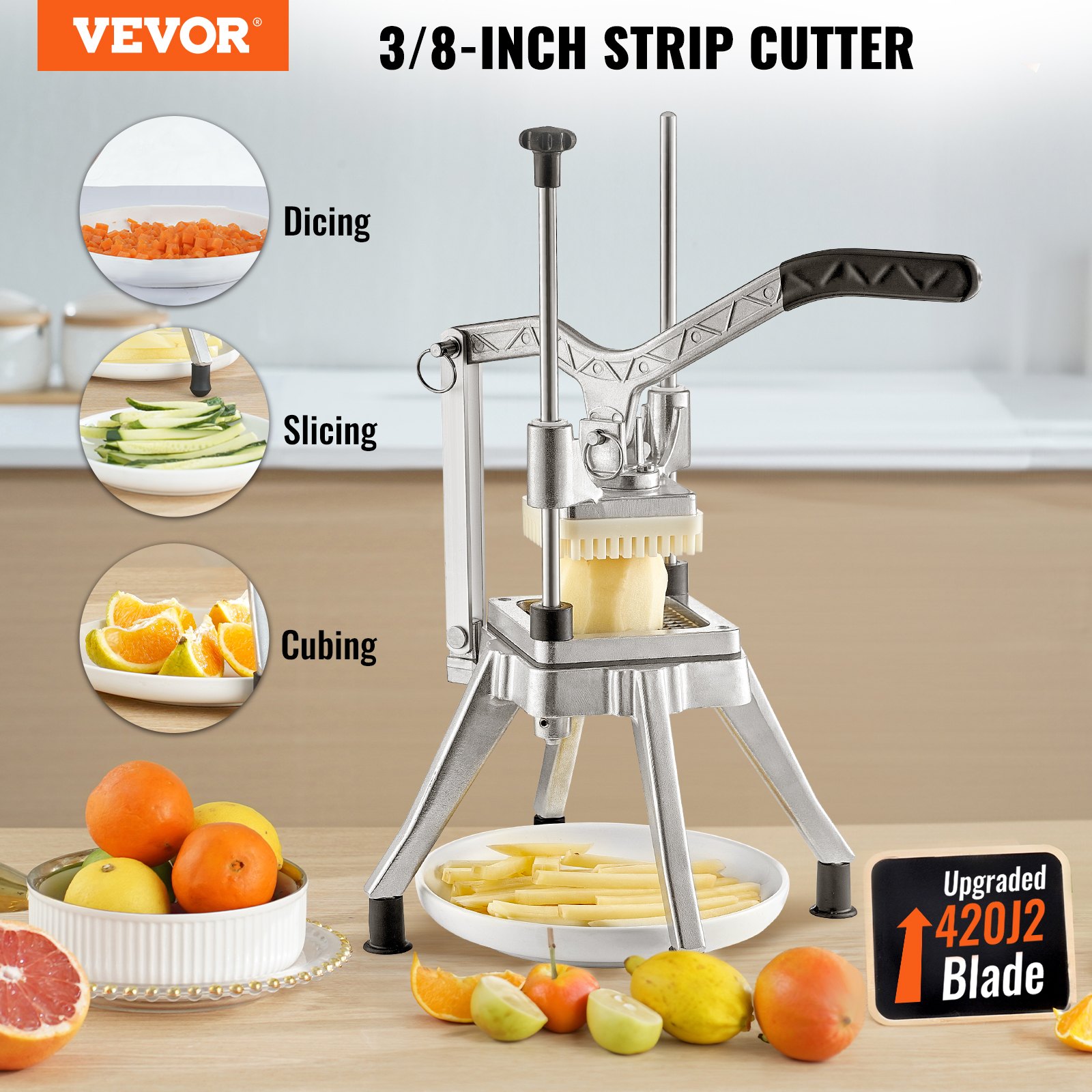 Picadora de verduras VEVOR, cortadora de tiras de 3/8 de pulgada con funciones para cortar en cubitos, rebanar y cortar frutas en la mesa.