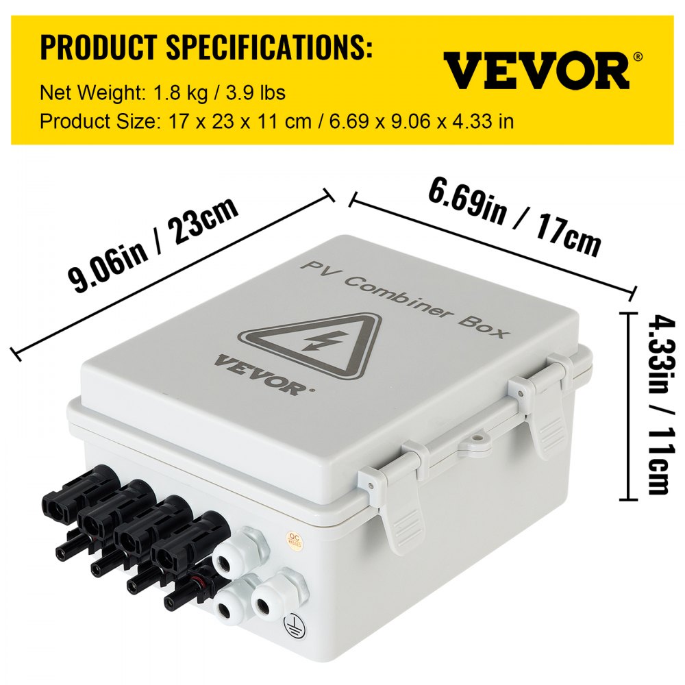 Caja combinadora fotovoltaica VEVOR con dimensiones del producto y conectores.