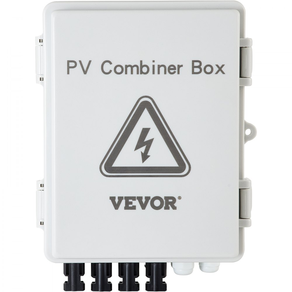 Caja combinadora fotovoltaica VEVOR con símbolo de advertencia eléctrica y múltiples conectores de cable.